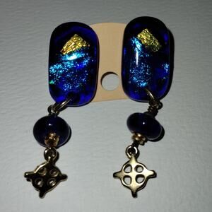 Vintage Blue & Gold Tone Dichroic Costume Jewelry Dangle Drop Pierced Earrings